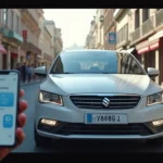 Carro alugado moderno estacionado em rua movimentada no exterior com placas internacionais