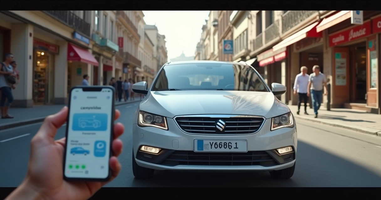 Carro alugado moderno estacionado em rua movimentada no exterior com placas internacionais