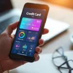Smartphone exibindo aplicativo de cartão de crédito com gráficos financeiros coloridos