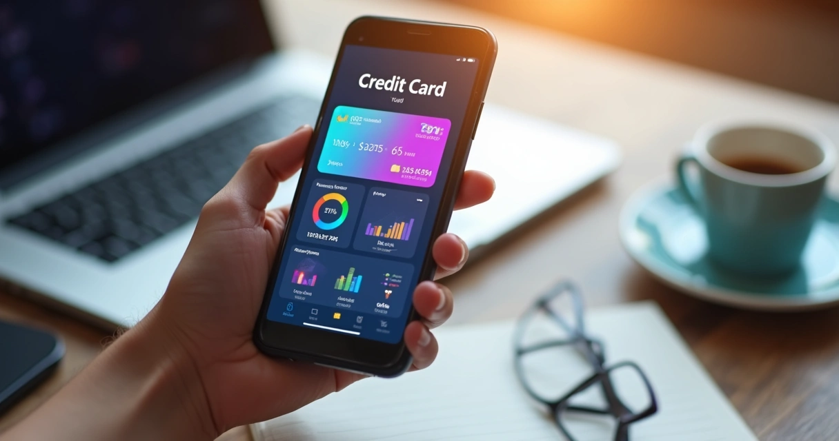 Smartphone exibindo aplicativo de cartão de crédito com gráficos financeiros coloridos